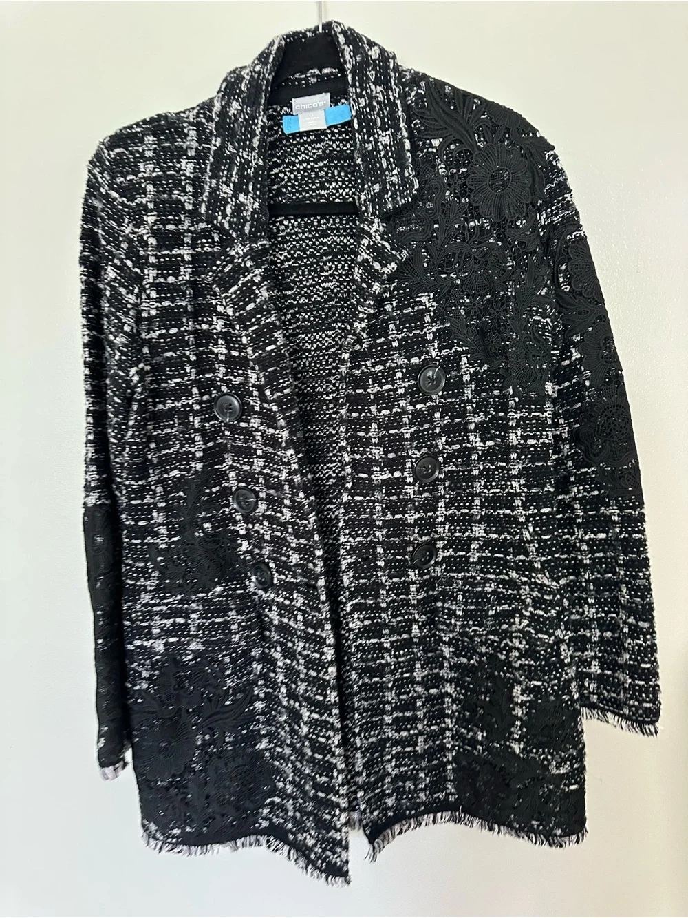 Chico's Black & White Tweed/boucle double breasted Jacket with Lace Appliqué